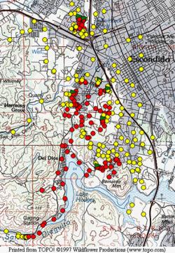 Hormigas argentinas invasoras: Mapa mostrando la ubicación de la mayor supercolonia (puntos amarillos), la supercolonia de Lake Hodges (puntos rojos) y sitios de observación (triángulos verdes), al norte de San Diego.:left